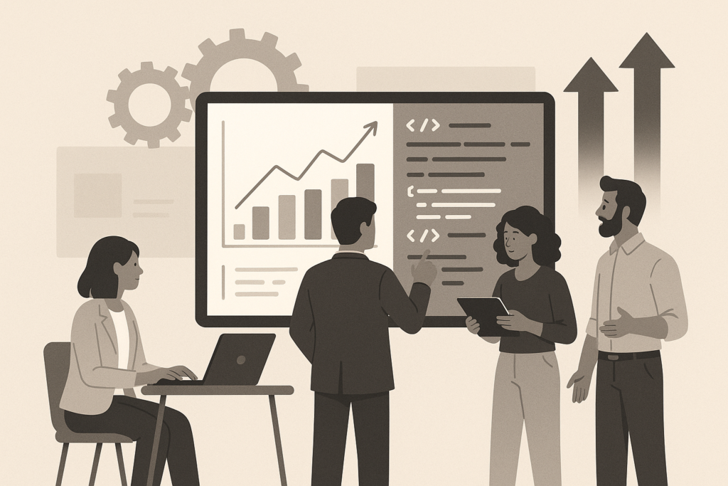 Business team reviewing digital charts and code, representing rising costs in custom software development.