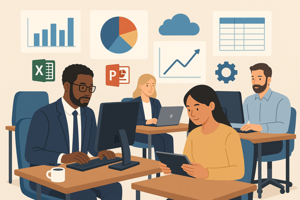 Office scene with employees using devices and software icons to represent business efficiency and off-the-shelf solutions.