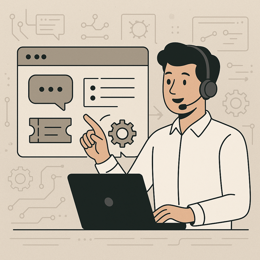 Illustration of a customer support agent managing tickets and chats on a digital dashboard, symbolizing efficient customer service tools for WordPress.