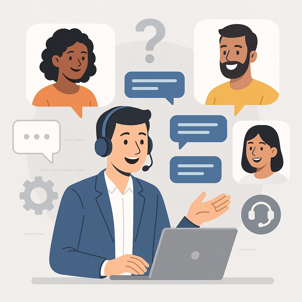 Illustration of a customer support agent assisting happy online shoppers through chat, emphasizing support and engagement for an e-commerce store.
