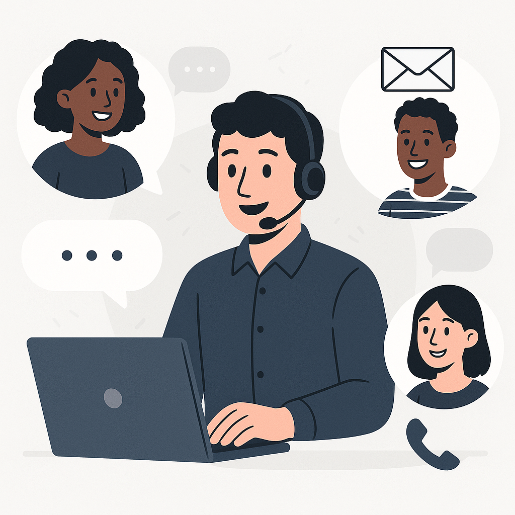 A professional illustration showing customer support interactions across chat, email, and phone channels for WordPress and WooCommerce.