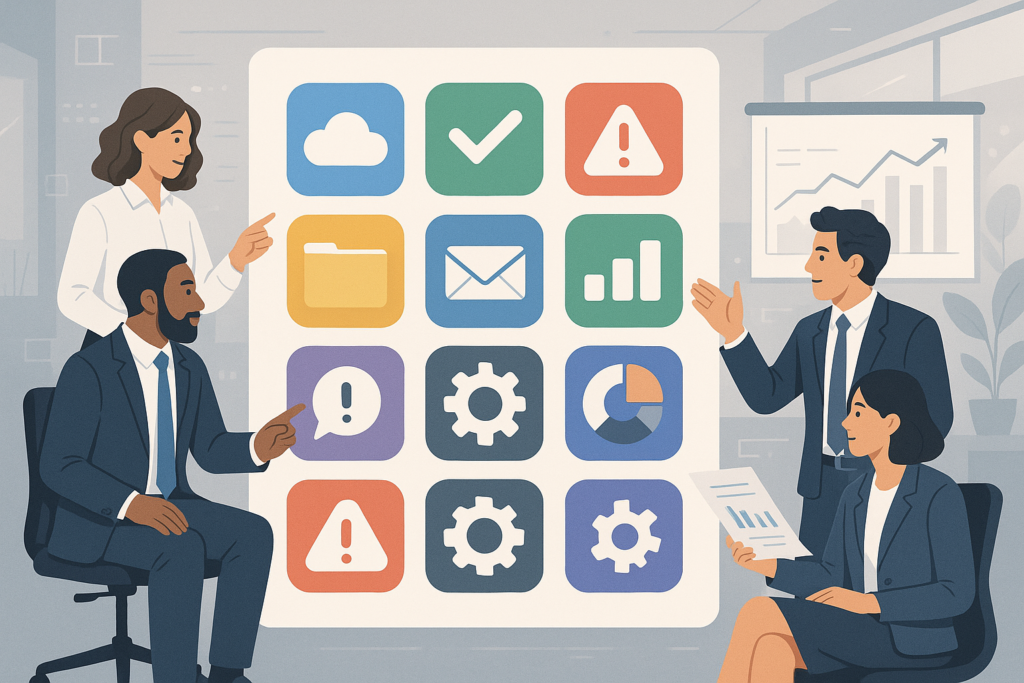 An illustration of various software icons with businesspeople collaborating, representing off-the-shelf software solutions in a modern office setting.