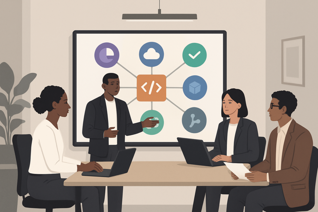 A professional team collaborating in an office with digital icons symbolizing off-the-shelf software tools on a large screen behind them.