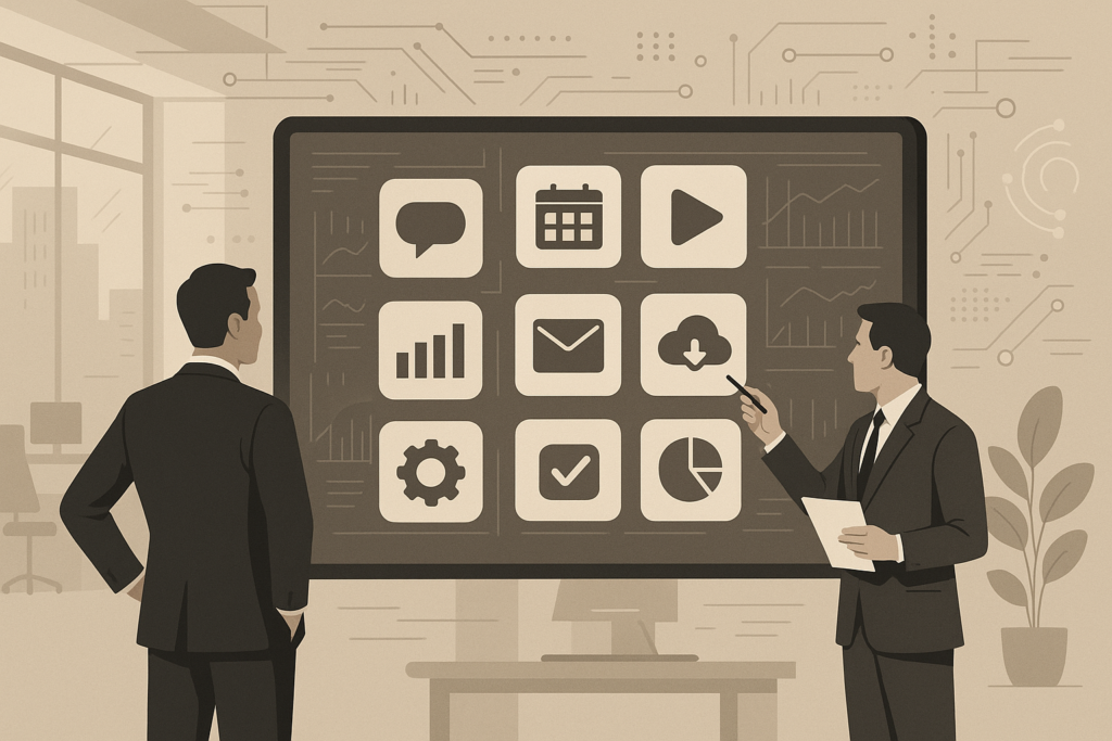 A team reviewing software icons on a digital screen in a modern office, representing off-the-shelf software solutions for businesses.