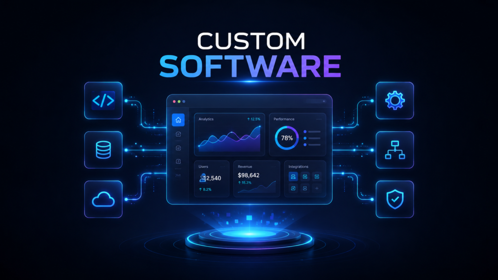 A graphic representing custom software solutions offered by xobytes.com, showcasing innovative technology services.