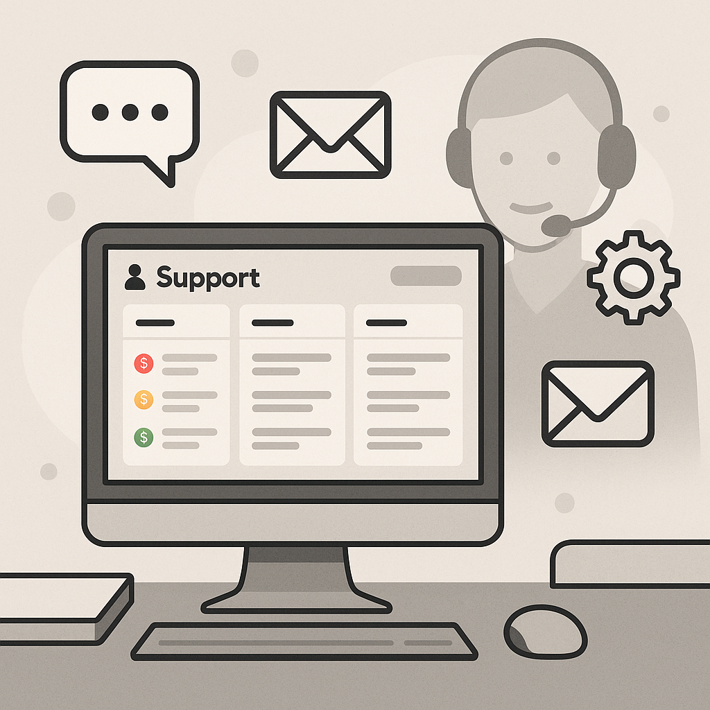 A professional illustration of a support dashboard with tickets, chat, and automation icons representing customer support tools for WordPress.