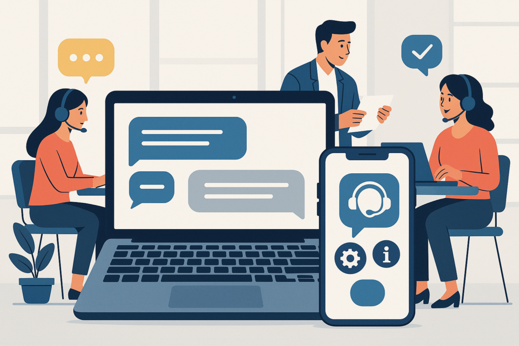 A professional illustration of support tools including a laptop, smartphone, and team collaboration for seamless customer service.