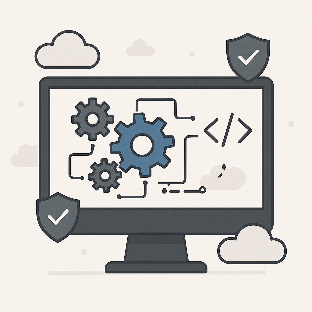 Illustration of a computer screen with gears, code, cloud icons, and security shields representing automated plugin updates for WordPress and WooCommerce.
