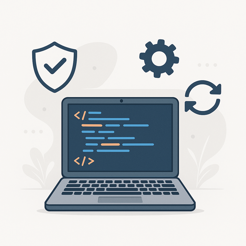 An illustration of a developer's workspace with coding, security, and update icons symbolizing safe WordPress plugin management.