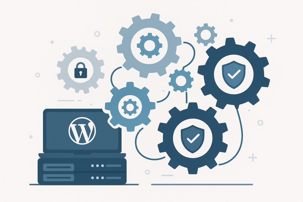 Illustration of interconnected gears and shield icons representing automated website security and plugin management for WordPress.