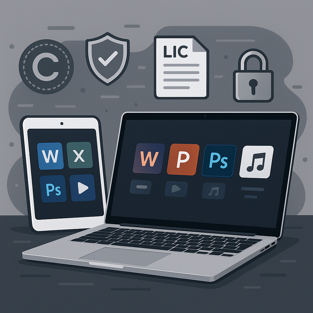 A modern digital workspace with devices and license icons representing software license management for online sales.