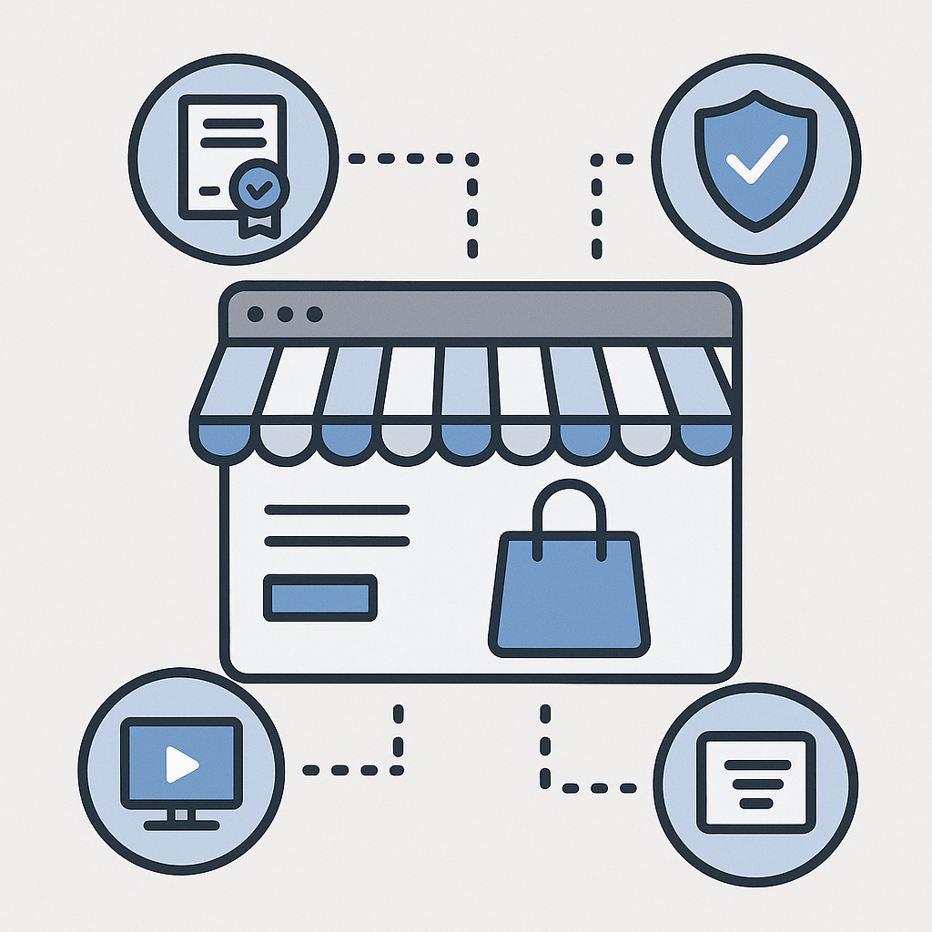 A professional illustration showing digital products, security shields, and license icons representing software license management for WooCommerce.
