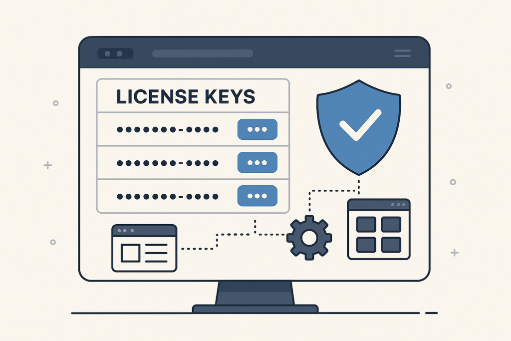 A professional illustration showing a digital license management dashboard with security icons, representing software license control and automation.
