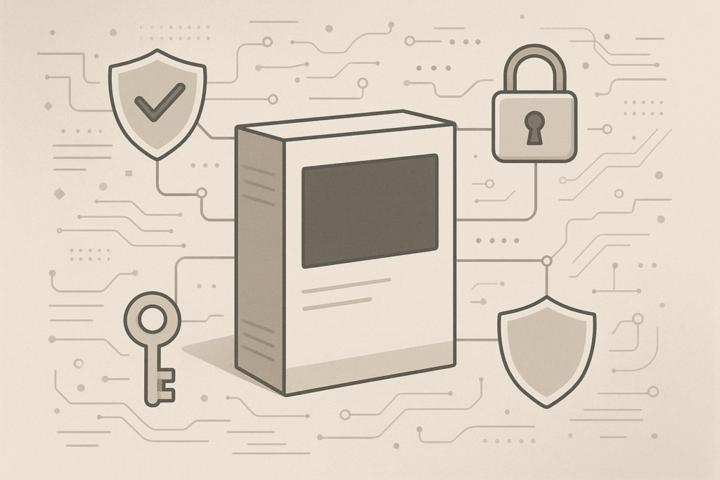 An illustration of software security elements like shields, keys, and locks representing license management for digital products.