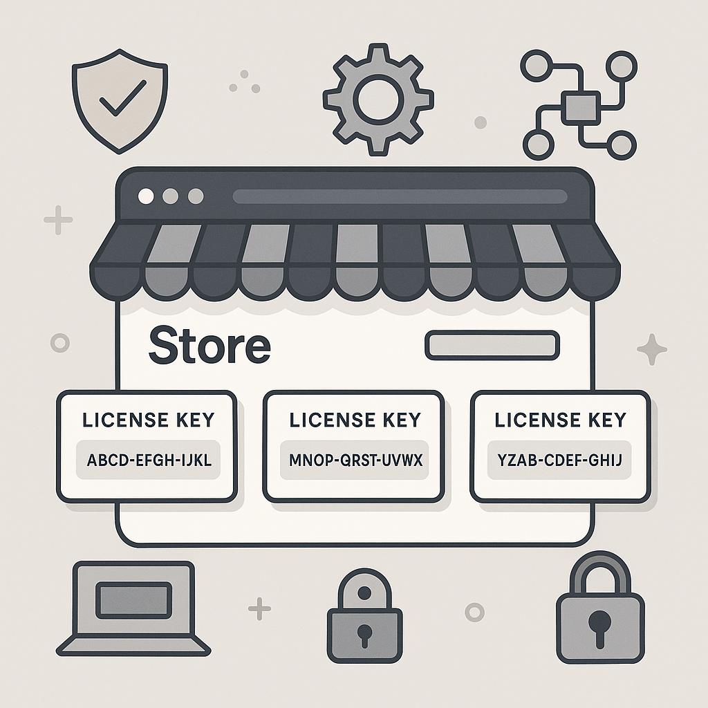 Illustration of digital license keys floating around a storefront, symbolizing license management and software security for WooCommerce stores.