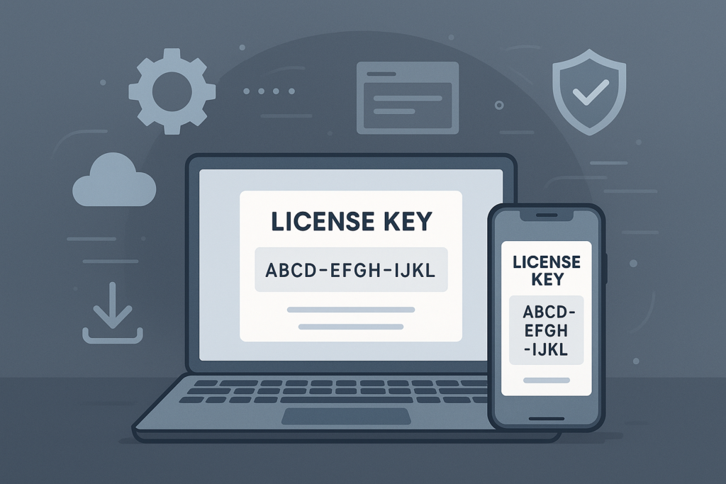 An illustration of a laptop and smartphone with digital license keys and icons symbolizing software license management for WooCommerce sales.