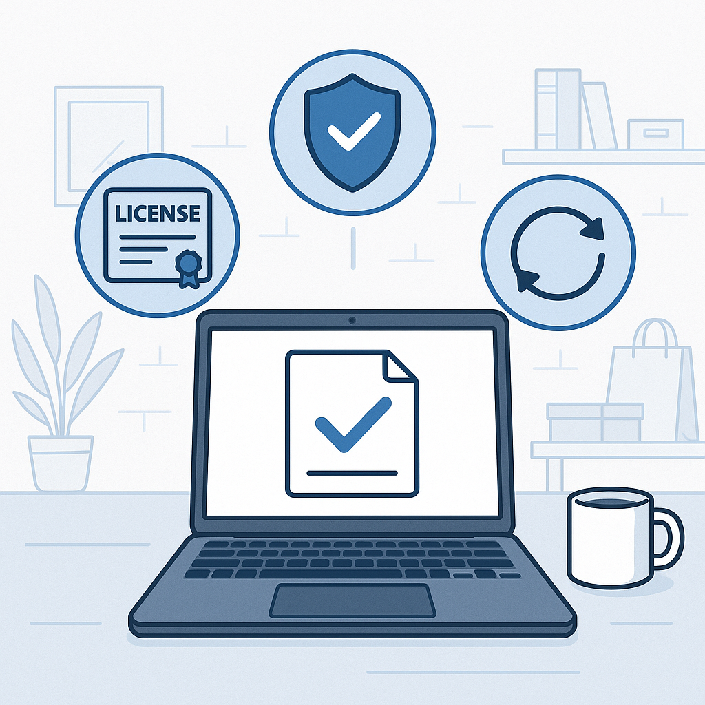 A professional illustration showing a laptop with floating icons of licenses, security, and updates, symbolizing streamlined WooCommerce license management.