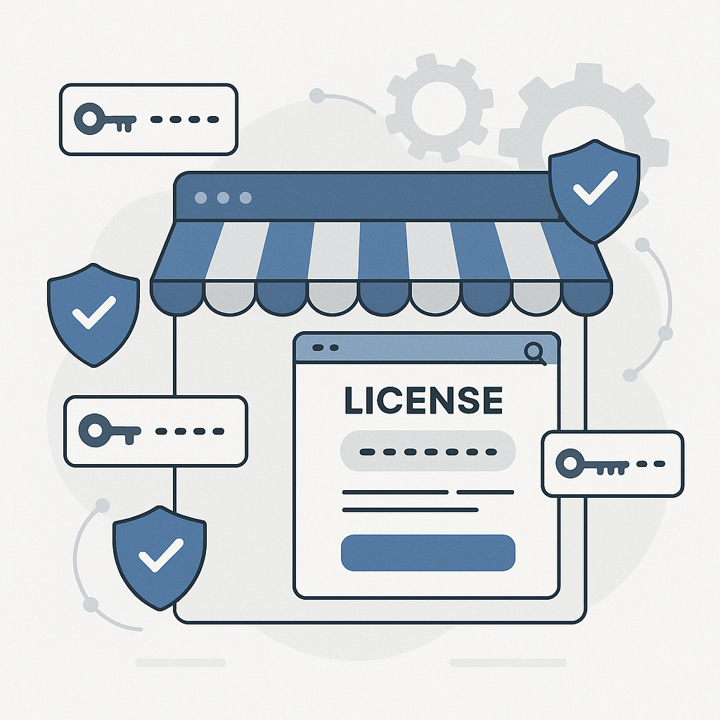 A professional illustration depicting license keys, security shields, and gears symbolizing efficient digital license management for WooCommerce.
