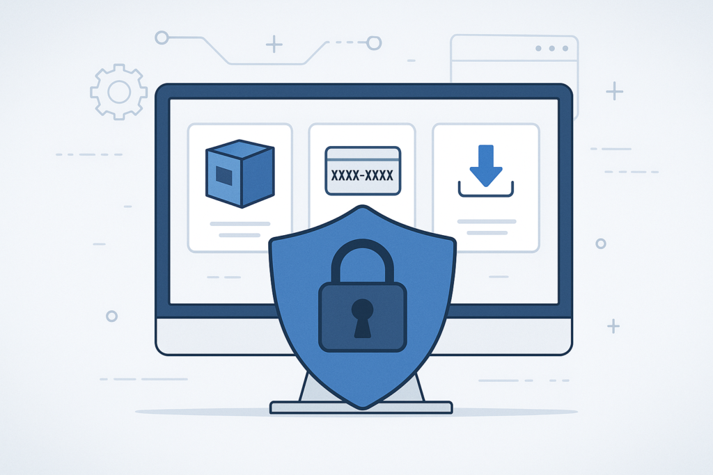 Illustration of a secure digital vault with license keys and software icons representing license management for digital products.