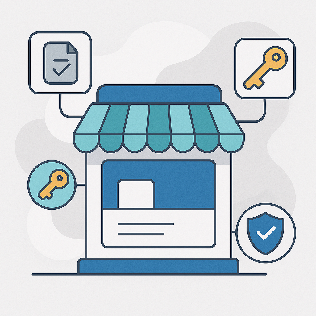A professional illustration showing digital licenses, keys, and security symbols representing license management for WooCommerce stores.