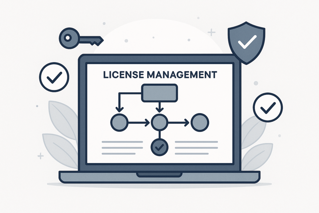 A professional illustration of digital license management with a laptop, security icons, and process flowcharts representing license creation and control.