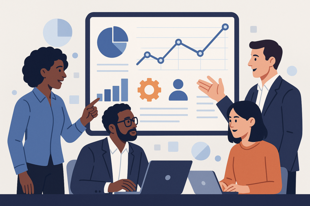 A team collaborating over a digital interface with customizable data visuals, representing tailored data solutions for business software.