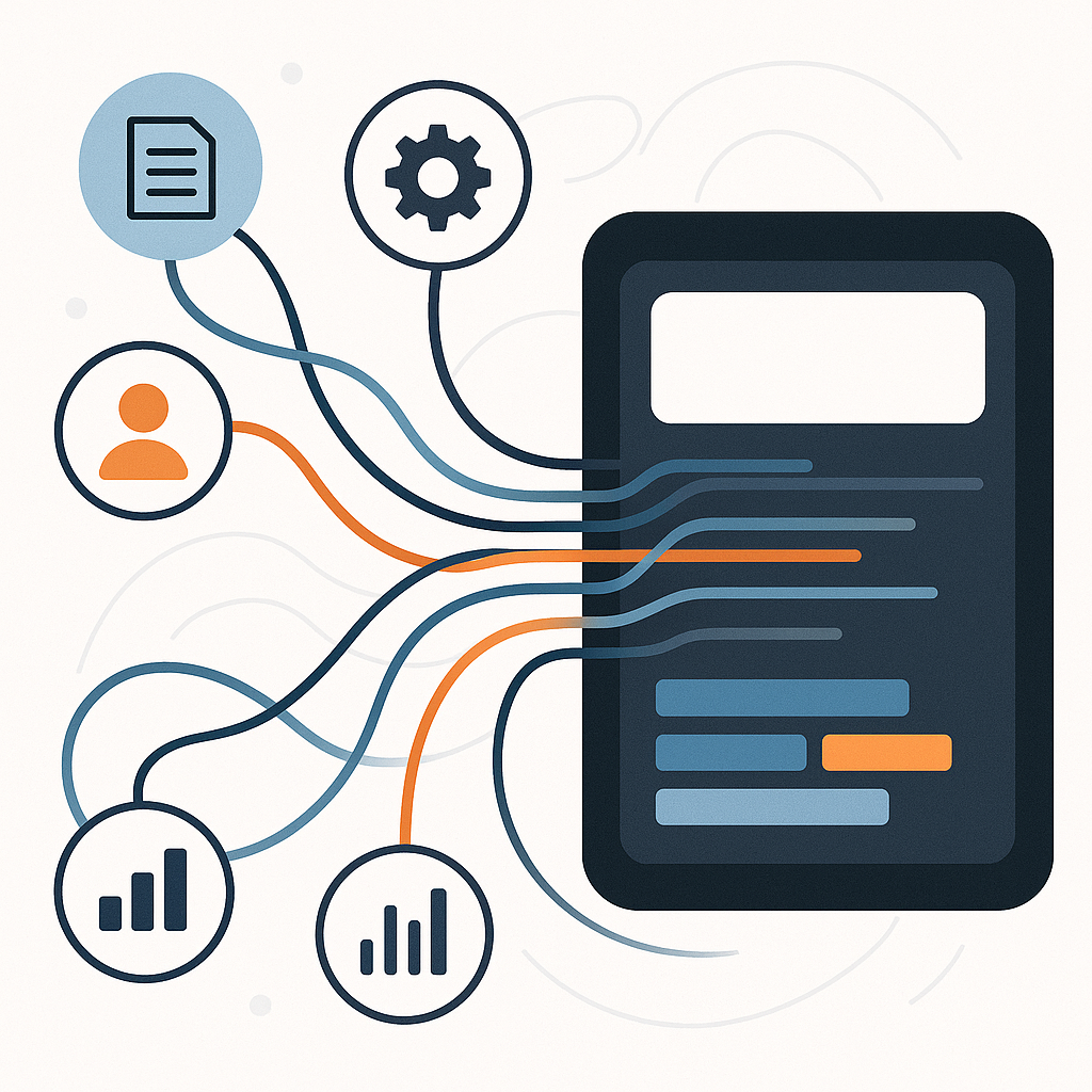 A professional digital illustration showing interconnected data streams and nodes representing custom business data integration.