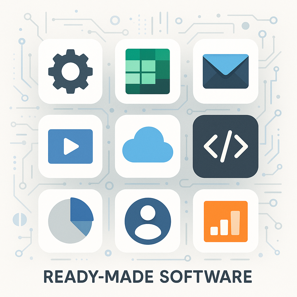 A modern illustration showing diverse software icons and digital tools representing off-the-shelf software solutions for businesses.