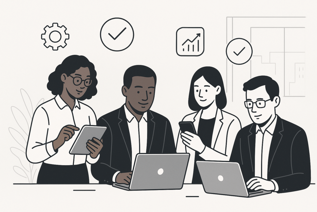 A professional team analyzing multiple devices with icons representing software features and choices in a sleek, modern illustration.