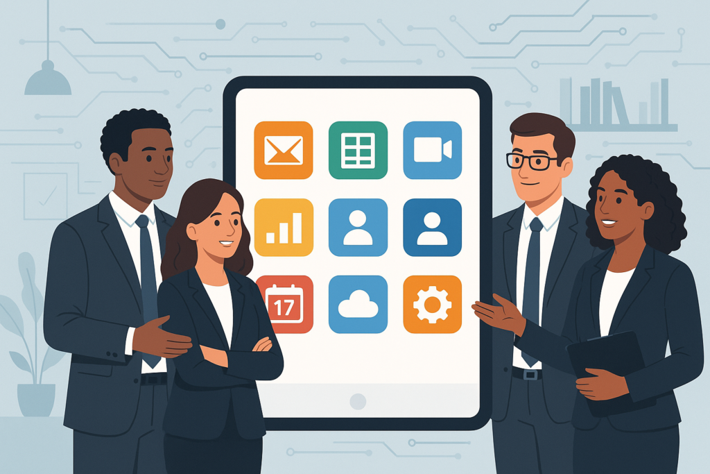 A professional illustration of business people using a digital tablet with software icons, representing off-the-shelf software solutions in a modern office setting.