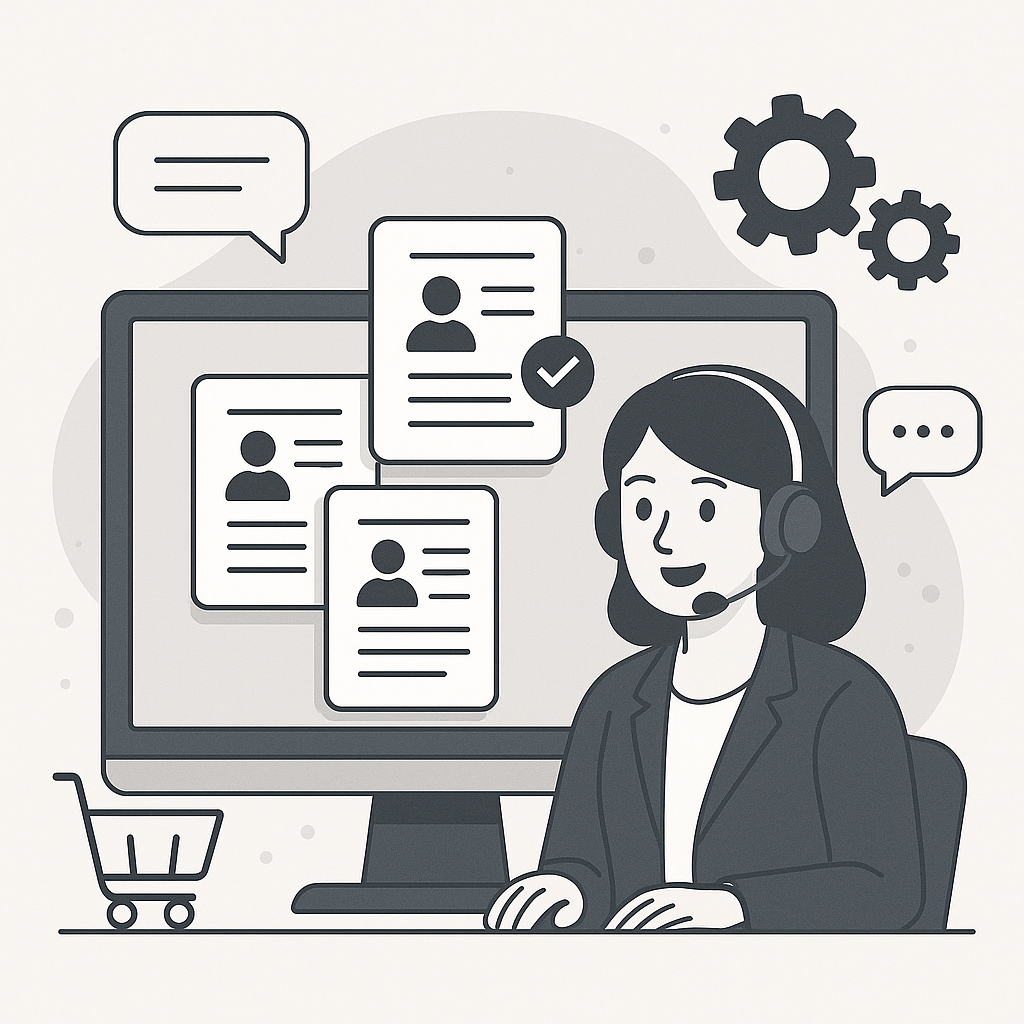 An illustration depicting customer support elements like tickets, chat bubbles, automation gears, and e-commerce icons for a WordPress support plugin comparison.