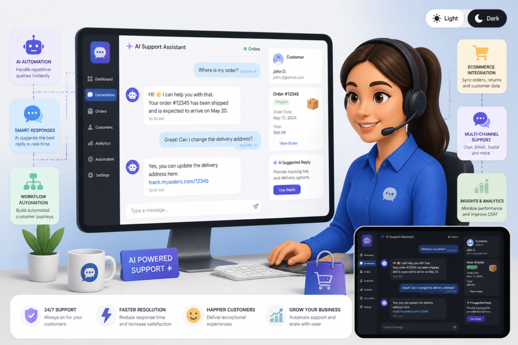 Illustration of a customer support agent with AI chat interfaces and eCommerce icons, symbolizing efficient customer service automation.