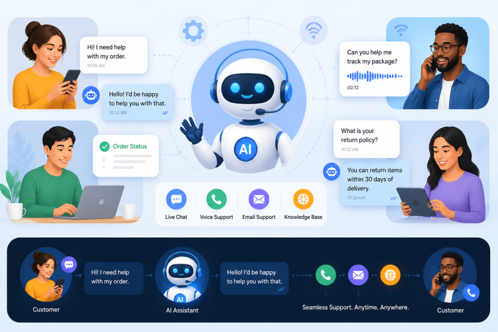 A sleek AI robot assisting customers through chat and voice interactions, symbolizing enhanced WordPress customer support with artificial intelligence.