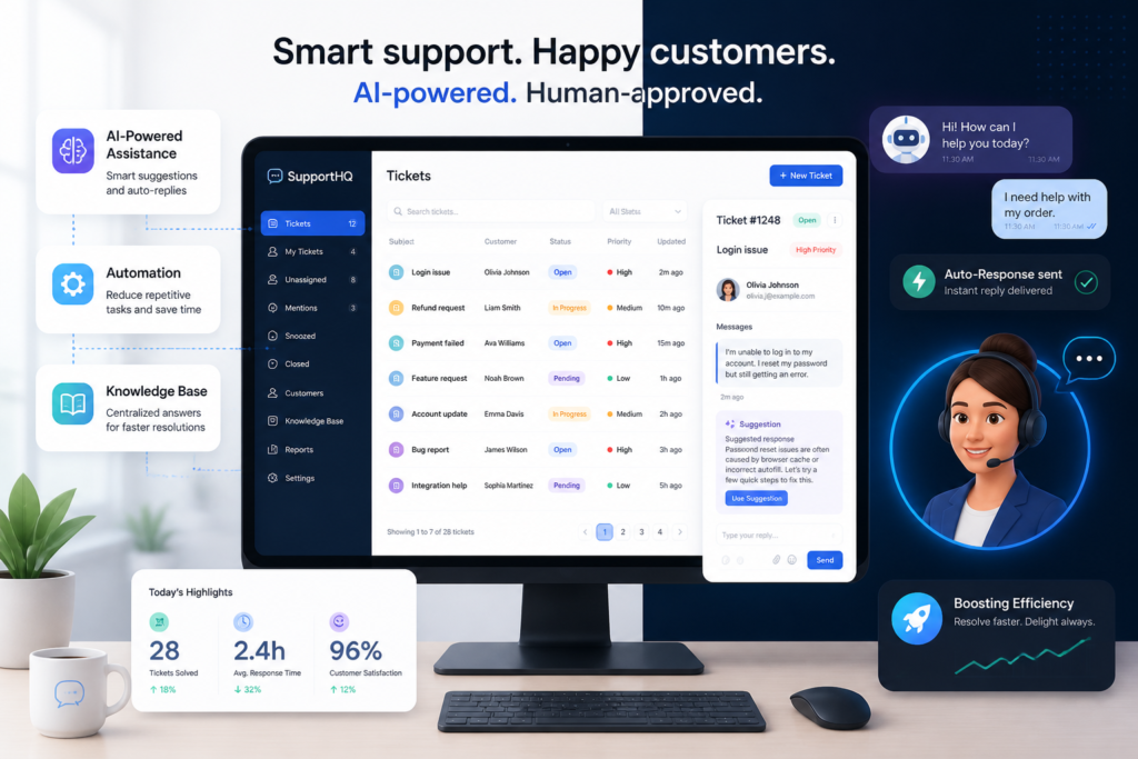 A professional illustration of a support dashboard with AI icons, chat bubbles, and a support agent avatar, representing streamlined customer service.