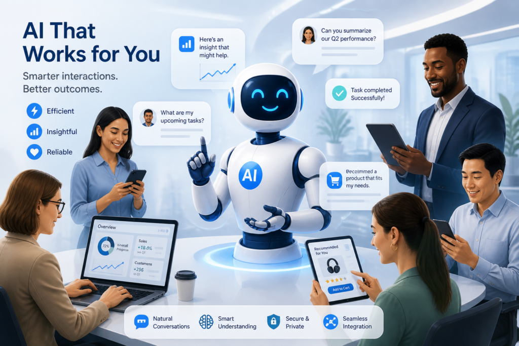 Illustration of an AI robot supporting business professionals and customers through digital devices, symbolizing advanced AI-powered customer support.