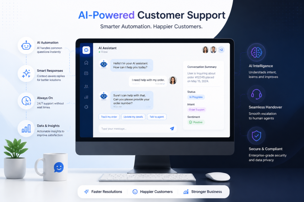 A professional illustration showing AI-powered customer support with a computer screen, icons, and automation elements, highlighting support technology in 2026.