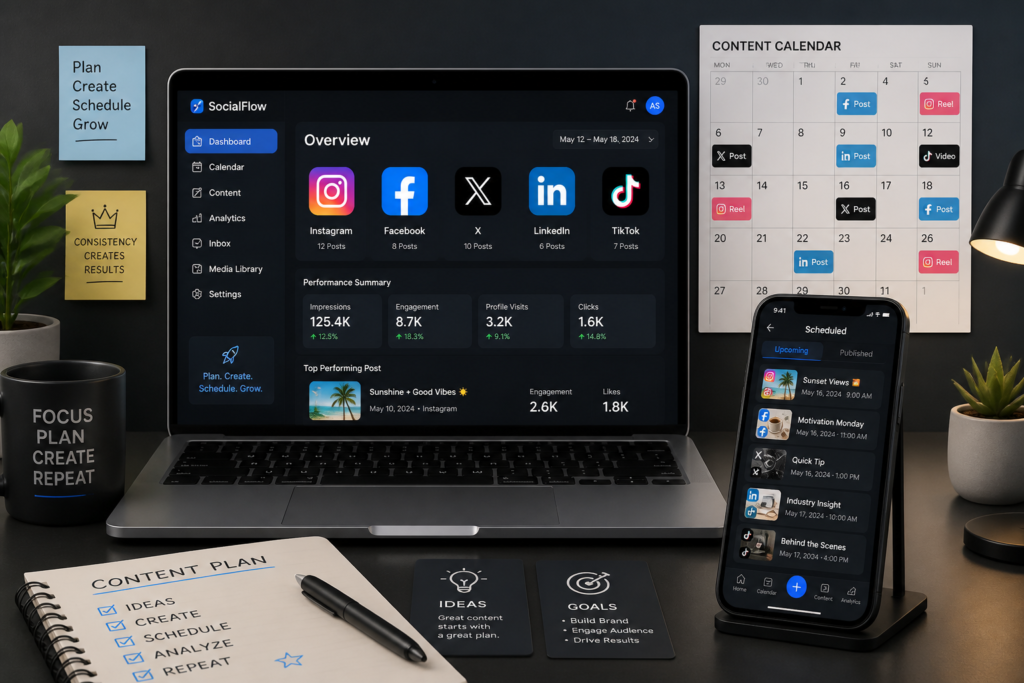 A professional workspace with a laptop and smartphone showing social media scheduling and automation tools, representing Instagram post automation from WordPress.