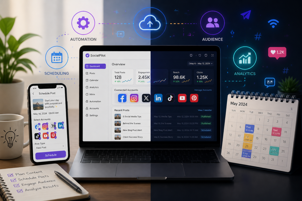 An illustration of a laptop and smartphone with social media icons and abstract graphics representing automation and scheduling for social media management.