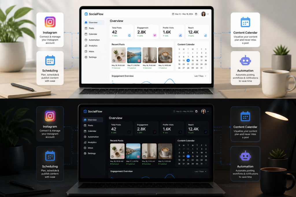 A professional illustration of a workspace with a laptop displaying social media automation icons and scheduling tools for Instagram posting.