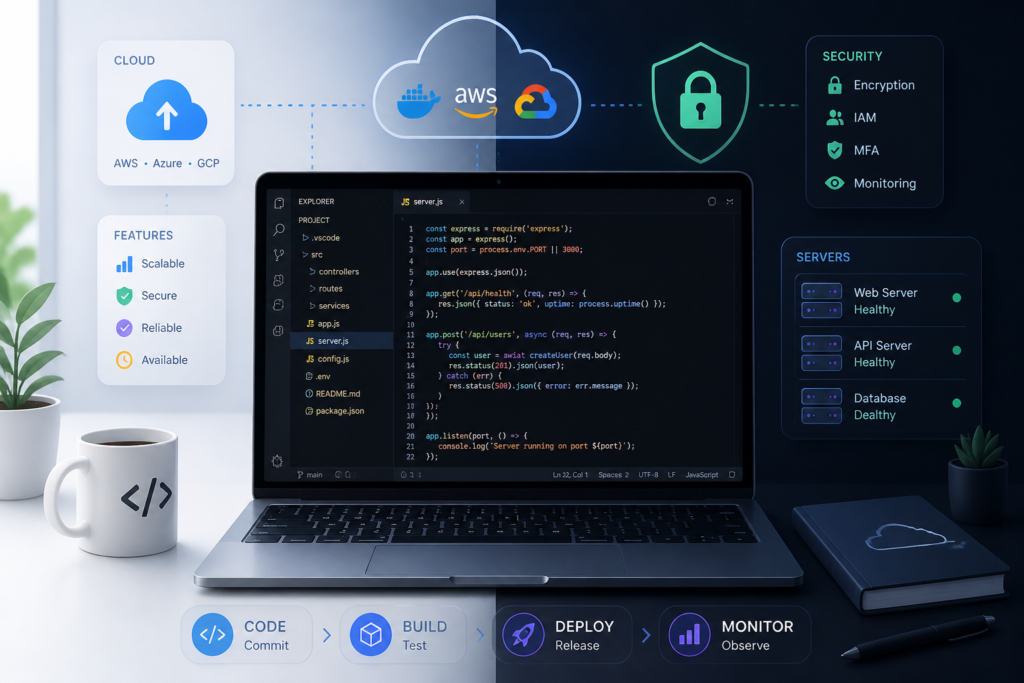 An illustration of a developer's workspace with code, server icons, and security symbols representing creating a custom plugin update server for WordPress.