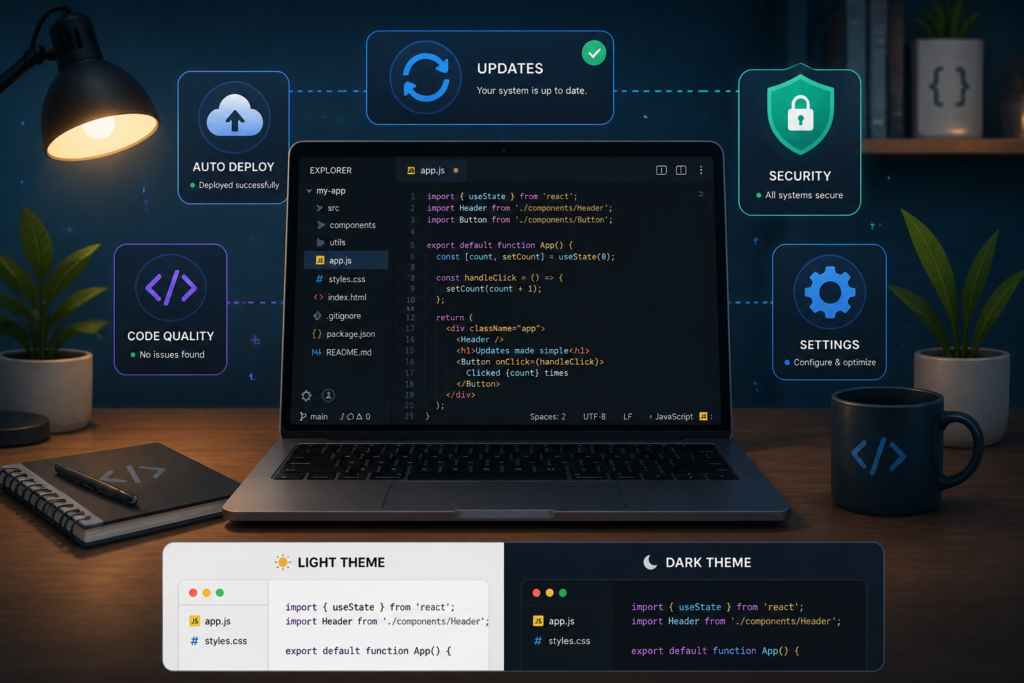 A professional workspace with a laptop, coding elements, and icons representing updates and security, symbolizing plugin management and updates.
