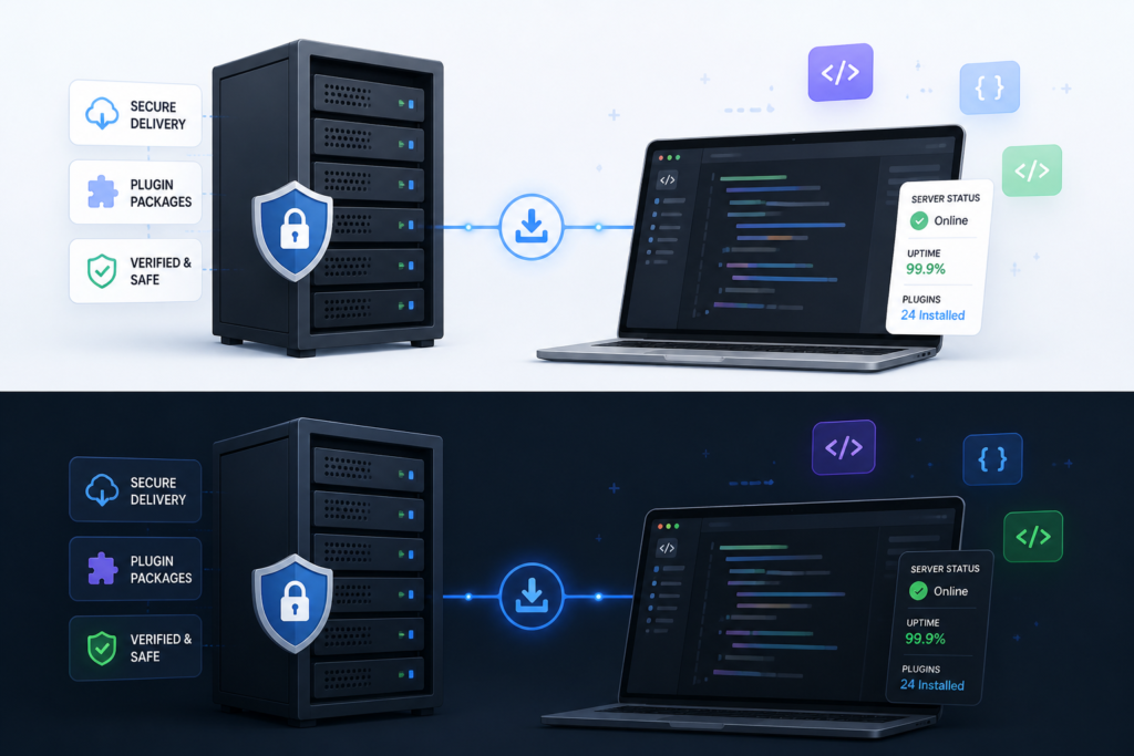 Illustration of a server connected to a laptop with coding symbols, symbolizing secure and efficient WordPress plugin update management.