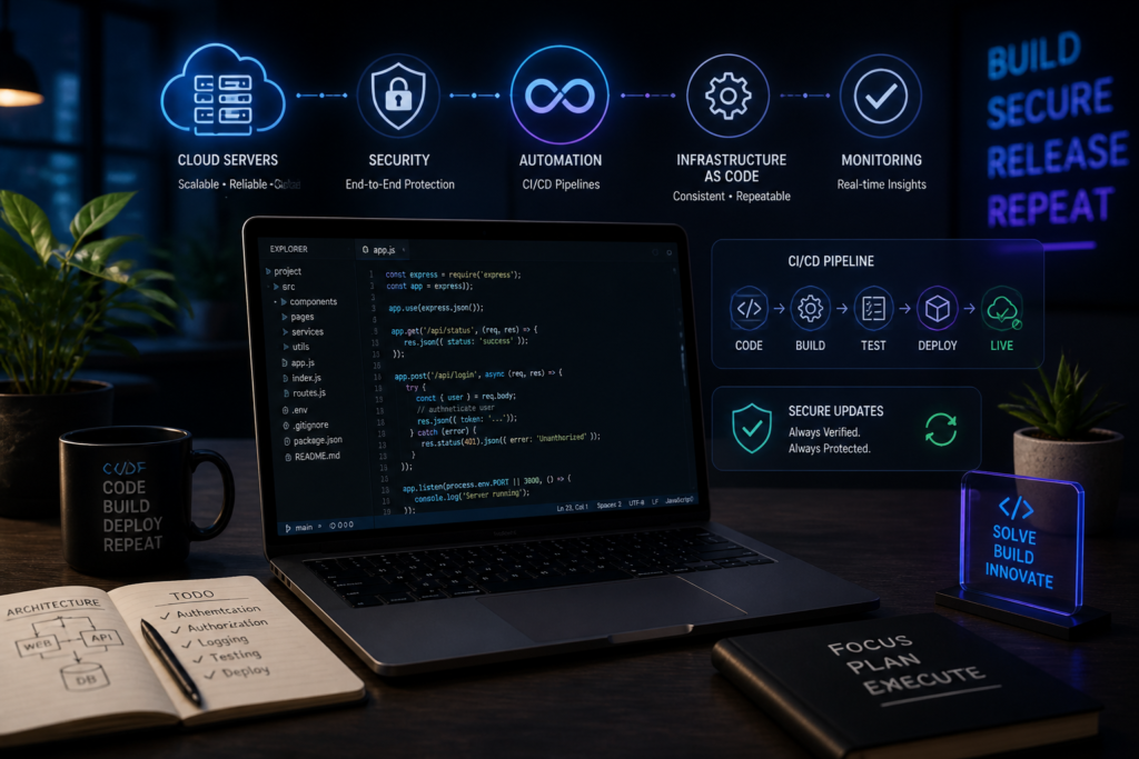 A professional illustration of a developer's workspace with cloud, security, and automation icons representing secure plugin update management.