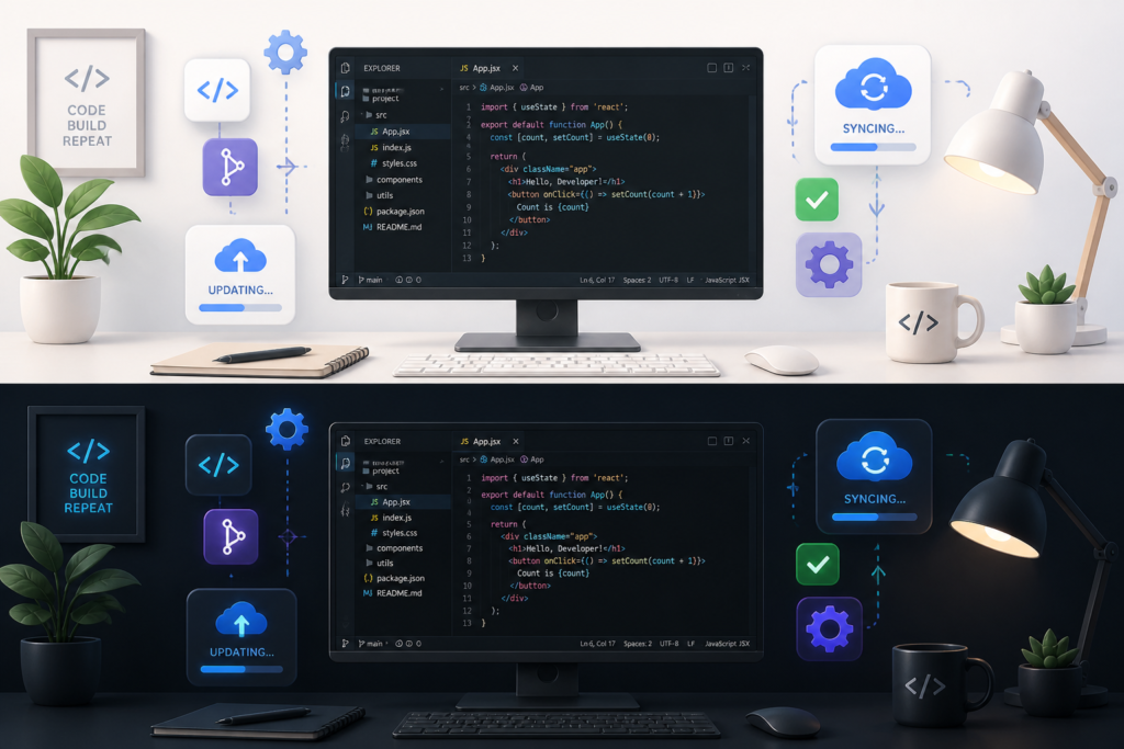 A professional illustration showing a developer's workspace with symbols of updates, synchronization, and coding to represent plugin management.