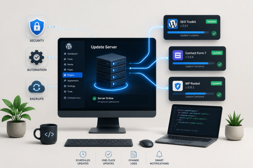 An illustration of a developer's workspace with a server connected to multiple screens representing plugin updates, emphasizing security and efficiency.