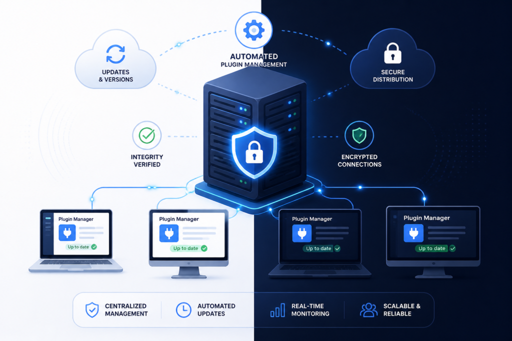 Illustration of a secure server connected to computers and cloud icons representing automated plugin updates and security management.