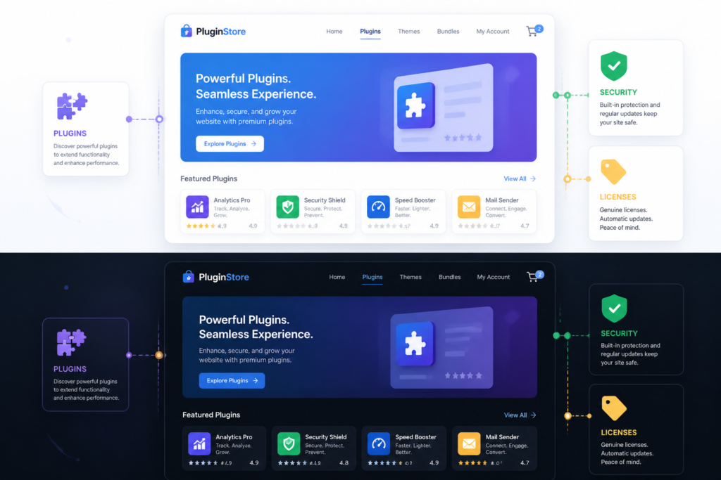 Illustration of a digital storefront with interconnected icons symbolizing plugins, security, and license management for WooCommerce.