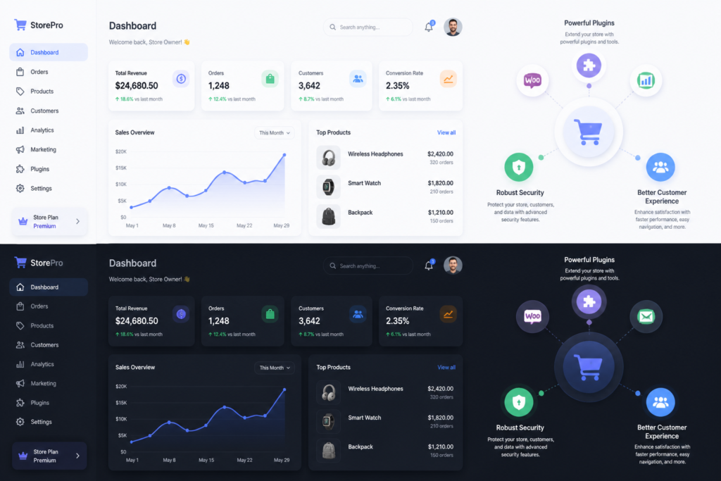 A professional illustration showing a WooCommerce store dashboard with interconnected icons for plugins, security, and user experience improvements.