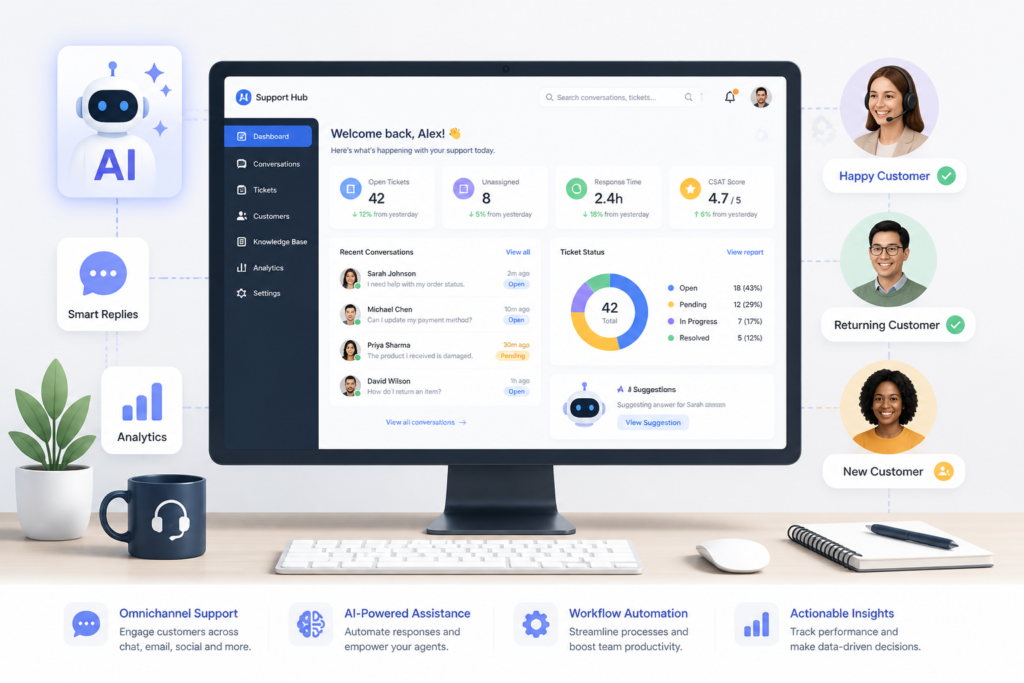 A sleek illustration of a customer support dashboard with AI elements and customer icons, representing streamlined WooCommerce support.