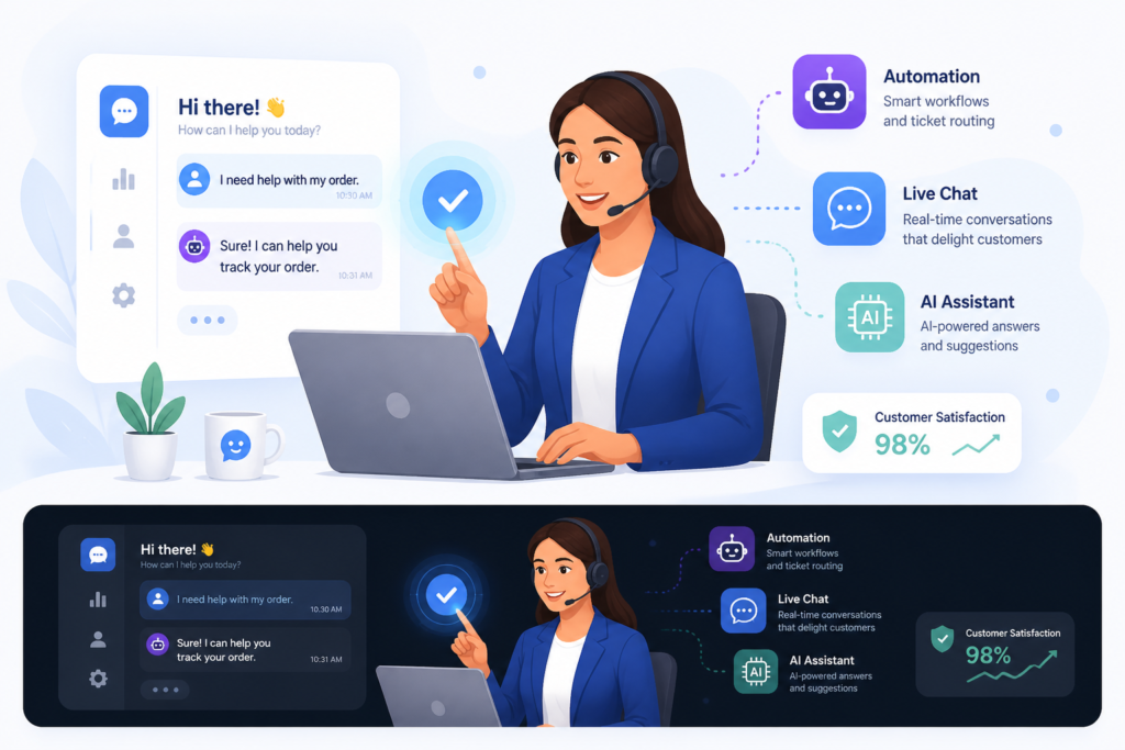A sleek illustration of a support agent using AI-powered tools to assist customers, emphasizing automation and customer satisfaction in eCommerce.